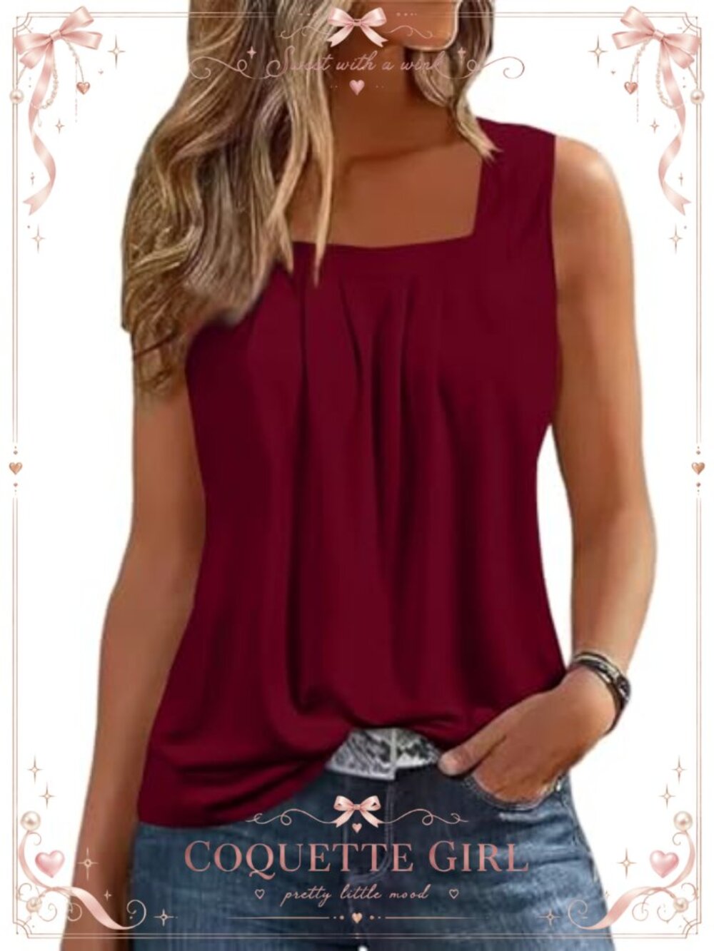 Pleated Square Neck Tank Top Loose Fit Sleeveless Flowy Summer Shirt